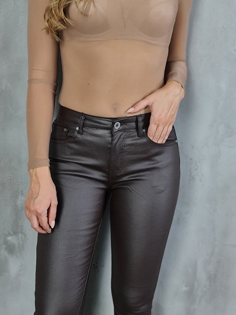 Брюки 3D Denim С флисом экокожа skinny шоколад, фотография №2