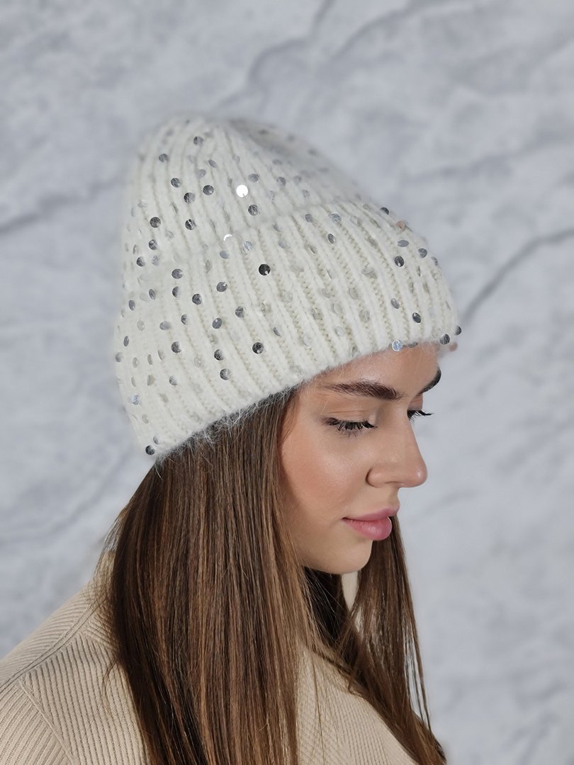 Шапка Alex Max БЕЗ завязок с пайетками белая, фотография №2