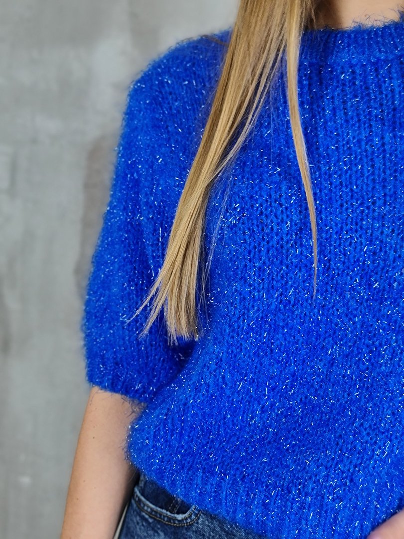 Джемпер Imperial вязаный с люрексом с коротким рукавом синий, фотография №5