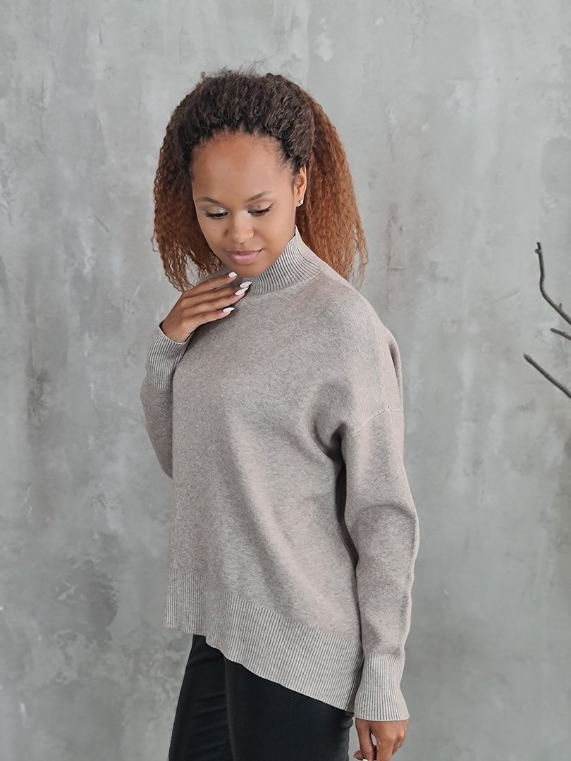 Джемпер Lara с высоким воротником в мелкий рубчик песочный, фотография №2