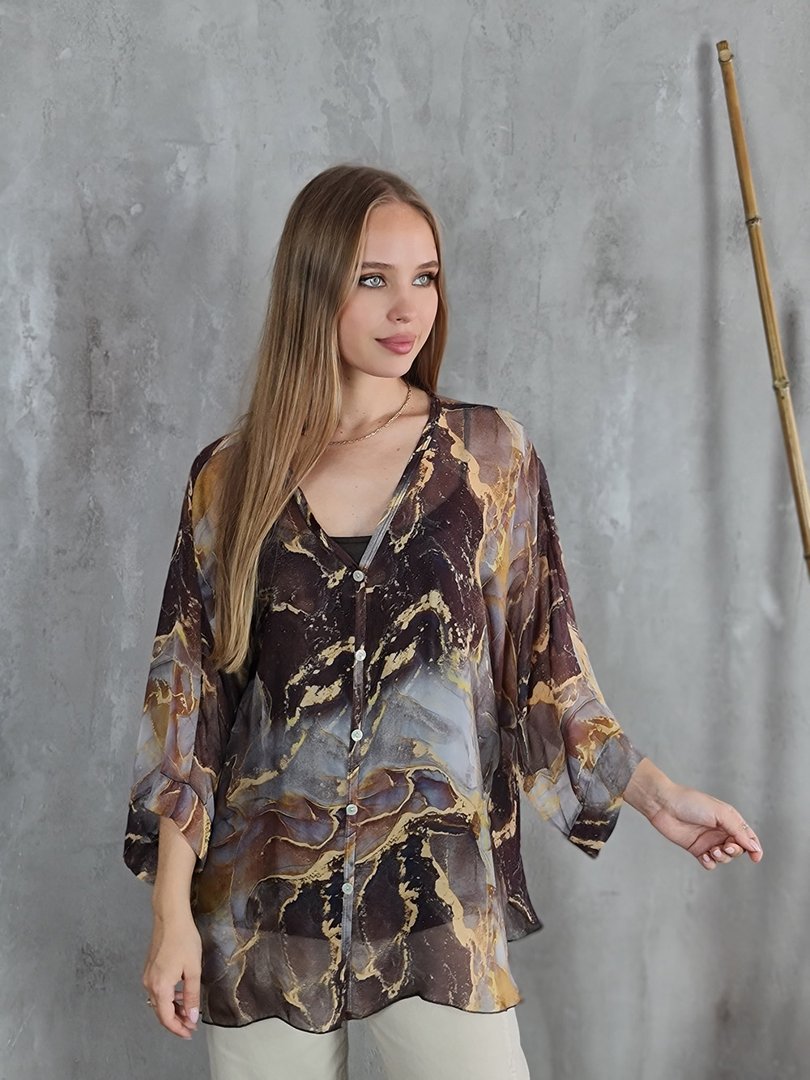 Рубашка Segreto с принтом "Мрамор" коричневая, фотография №2