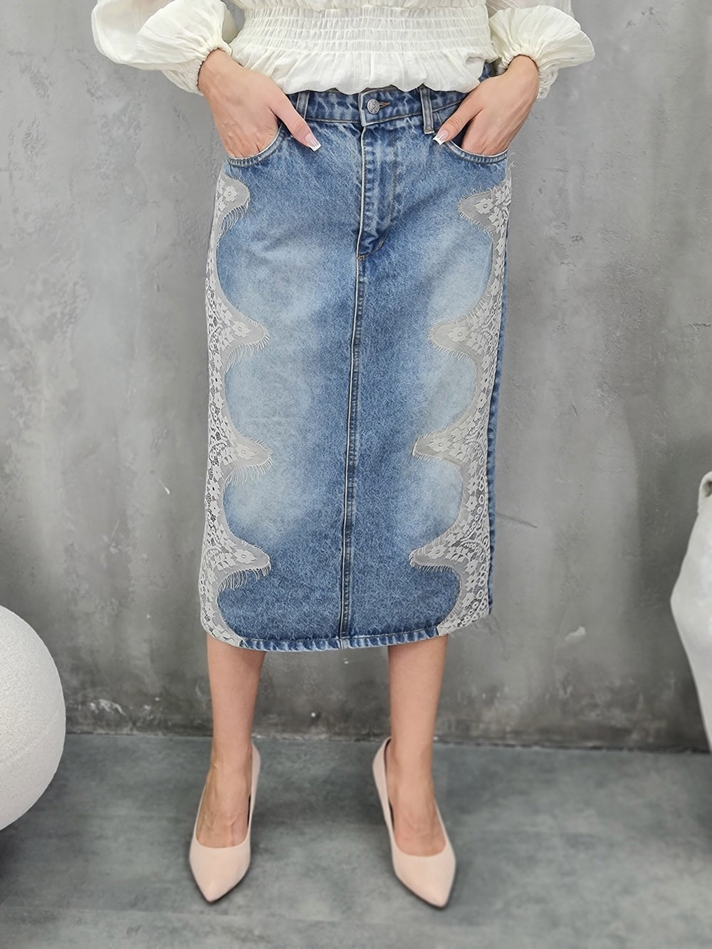 Юбка Souvenir джинсовая с кружеом синяя , фотография №1