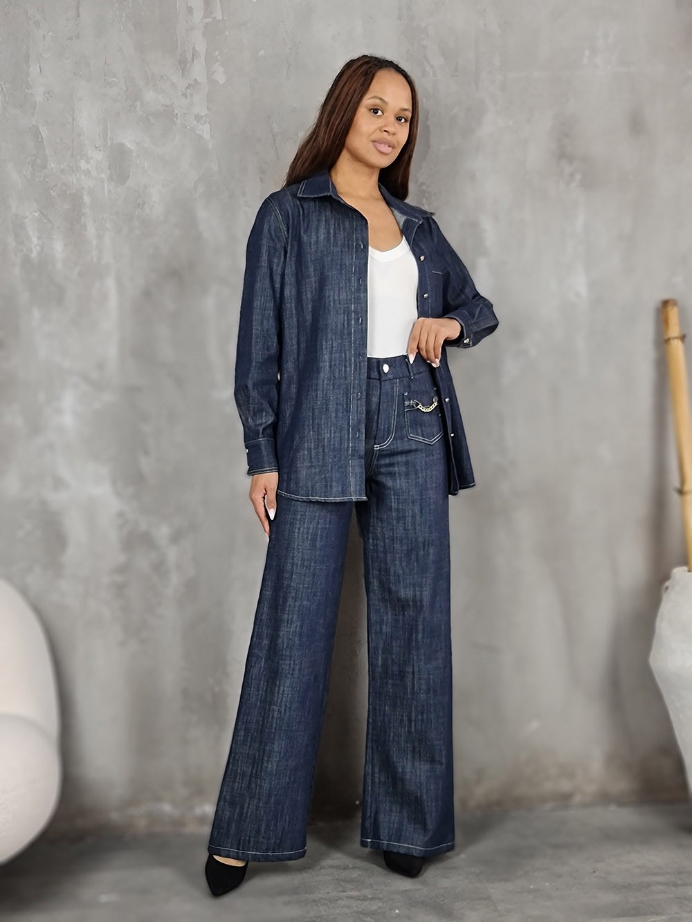 Рубшка CLOTHÉ джинсовая с поясом темно-синяя, фотография №1