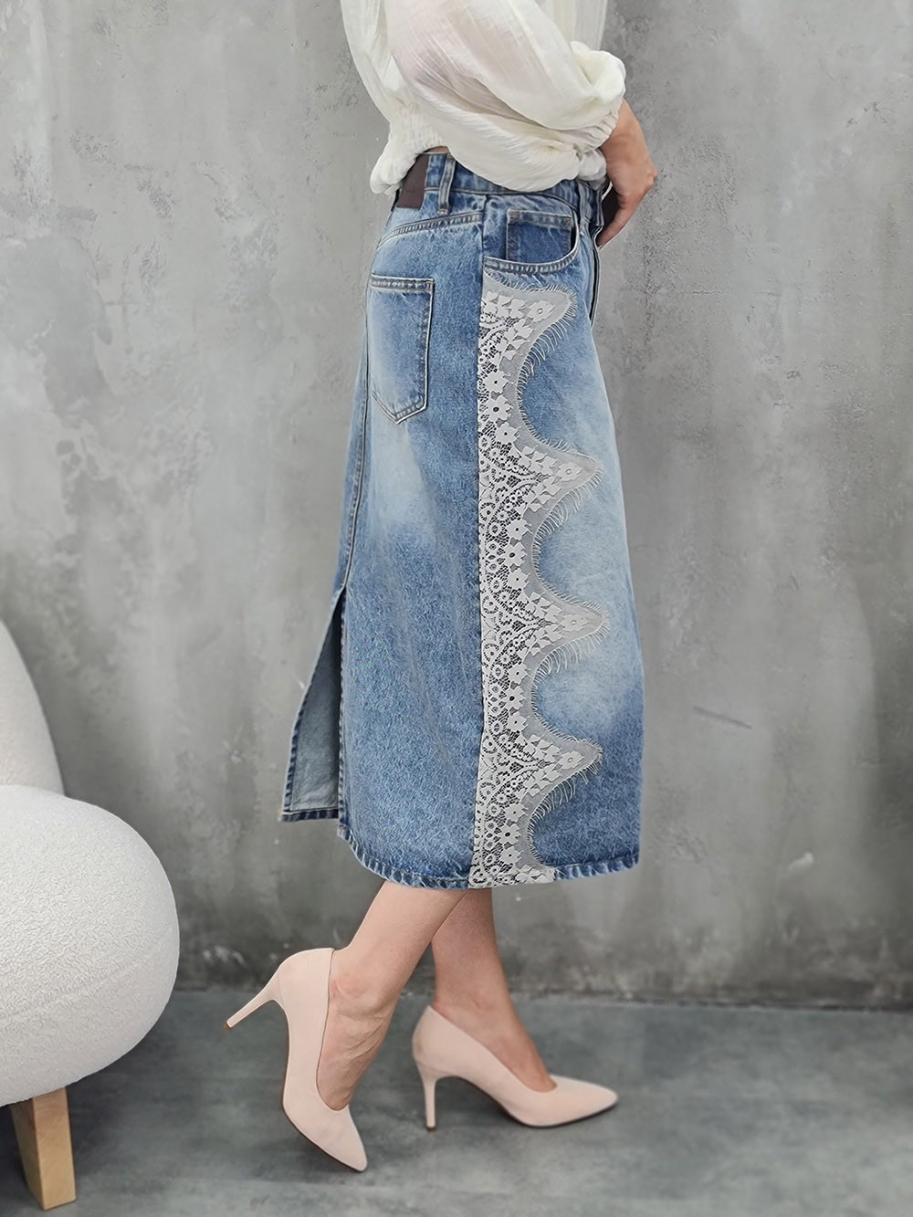 Юбка Souvenir джинсовая с кружеом синяя , фотография №3