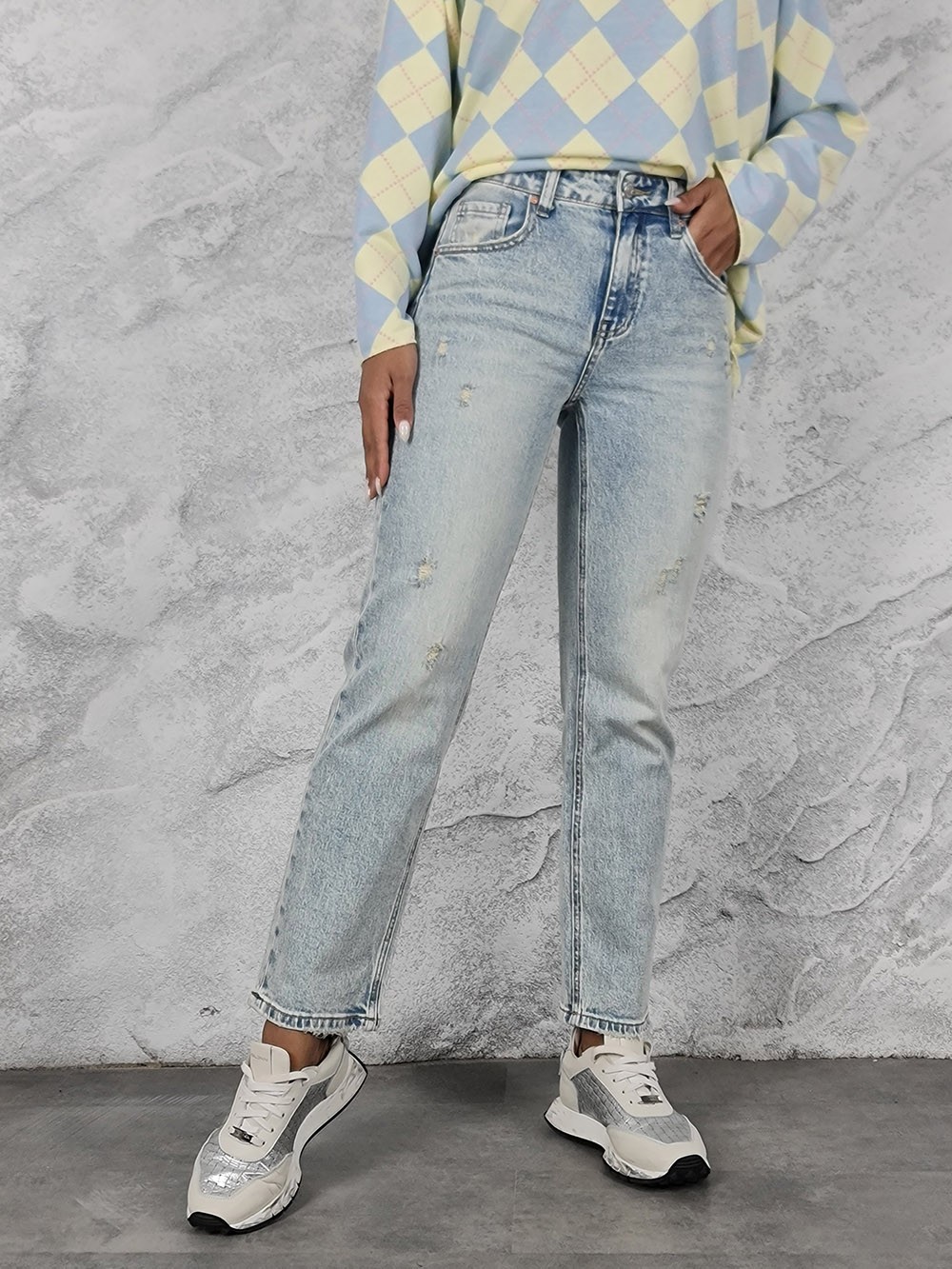 Джинсы Miss Bonbon с потертостями голубые , фотография №1