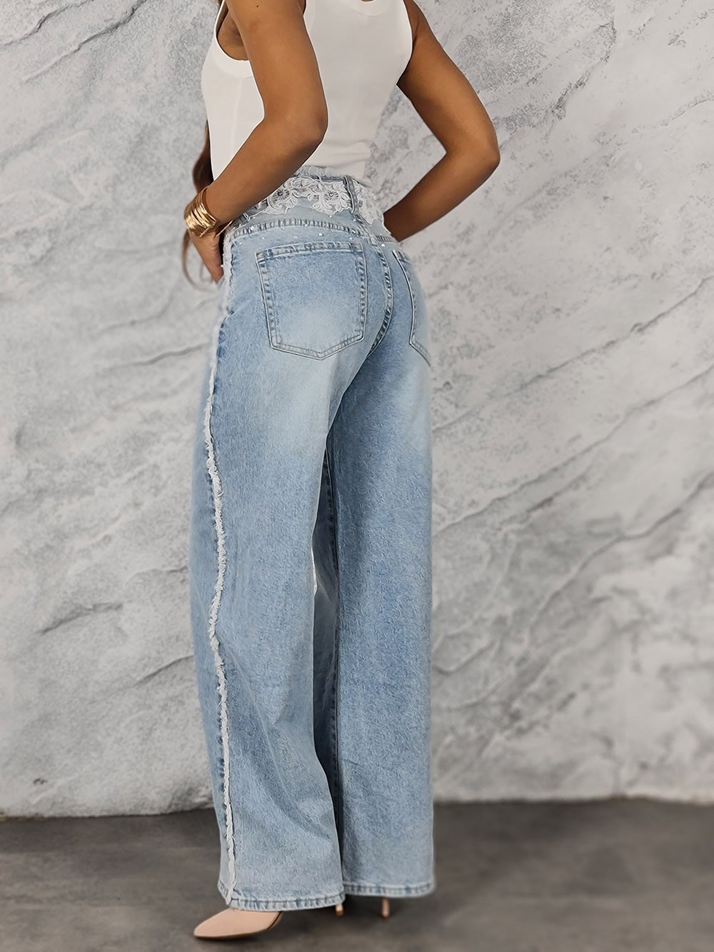 Джинсы ADORO с вышивкой на поясе голубые, фотография №4