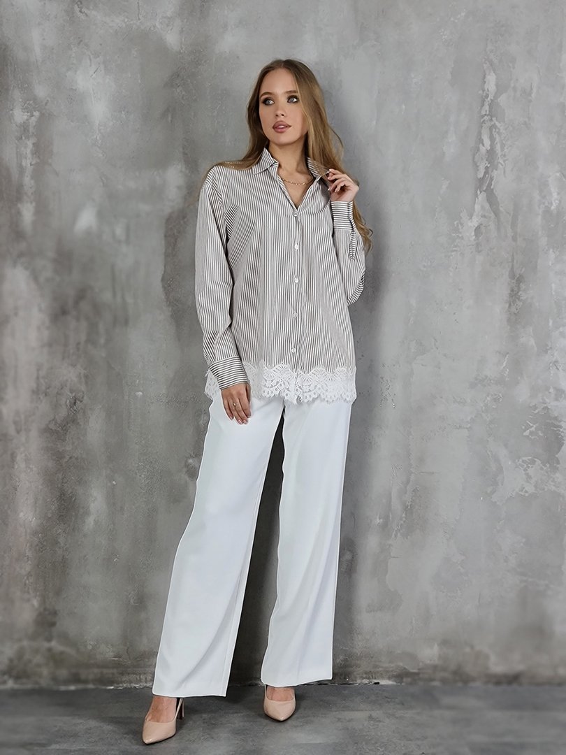 Рубашка MIHO'S с кружевом в полоску песочная, фотография №2