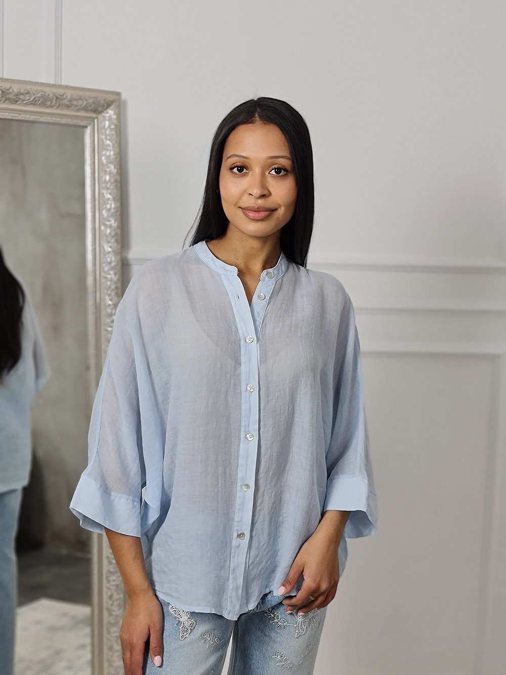 Рубашка MIHOs полупрозрачная без ворота голубая, фотография №1