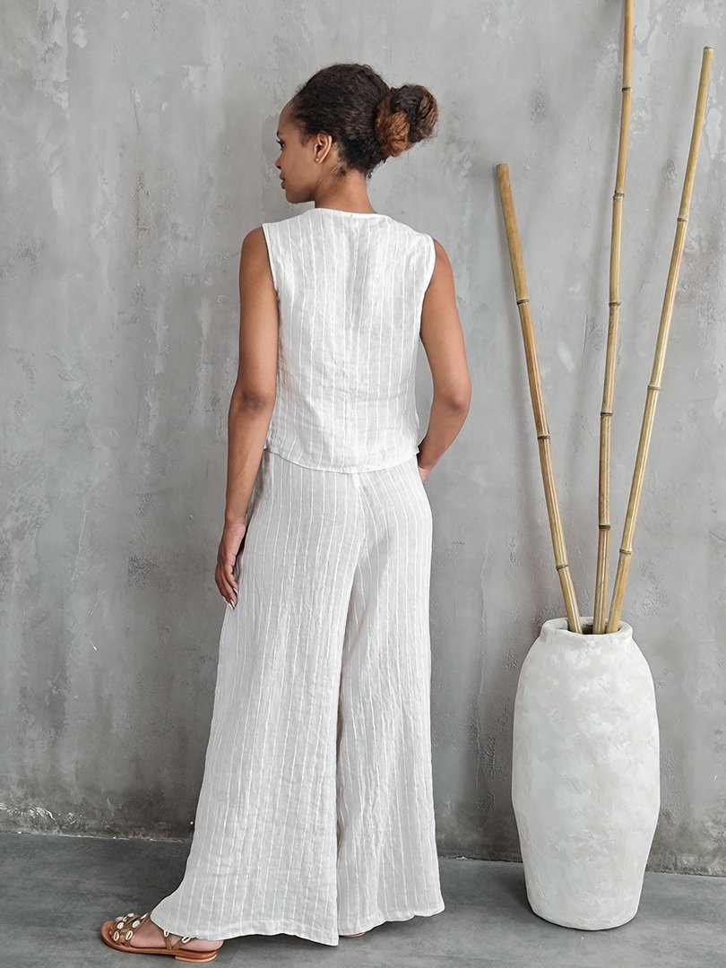 Костюм PURE LINEN жилет и брюки в полоску кремовый, фотография №3