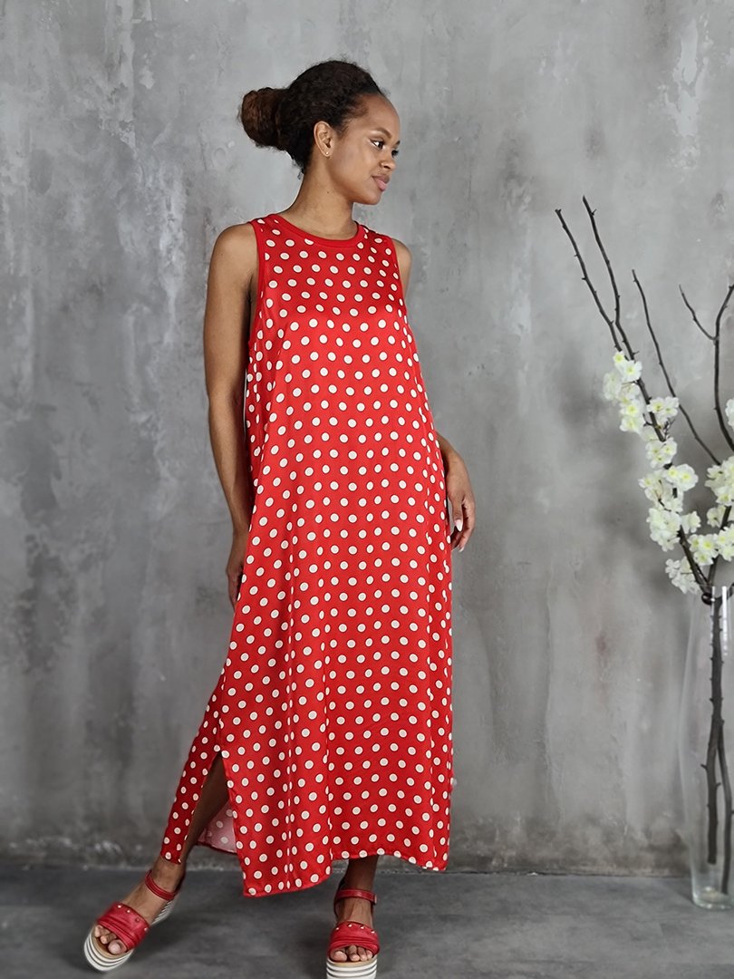 Платье STAR без рукавов в белый горох красное, фотография №2