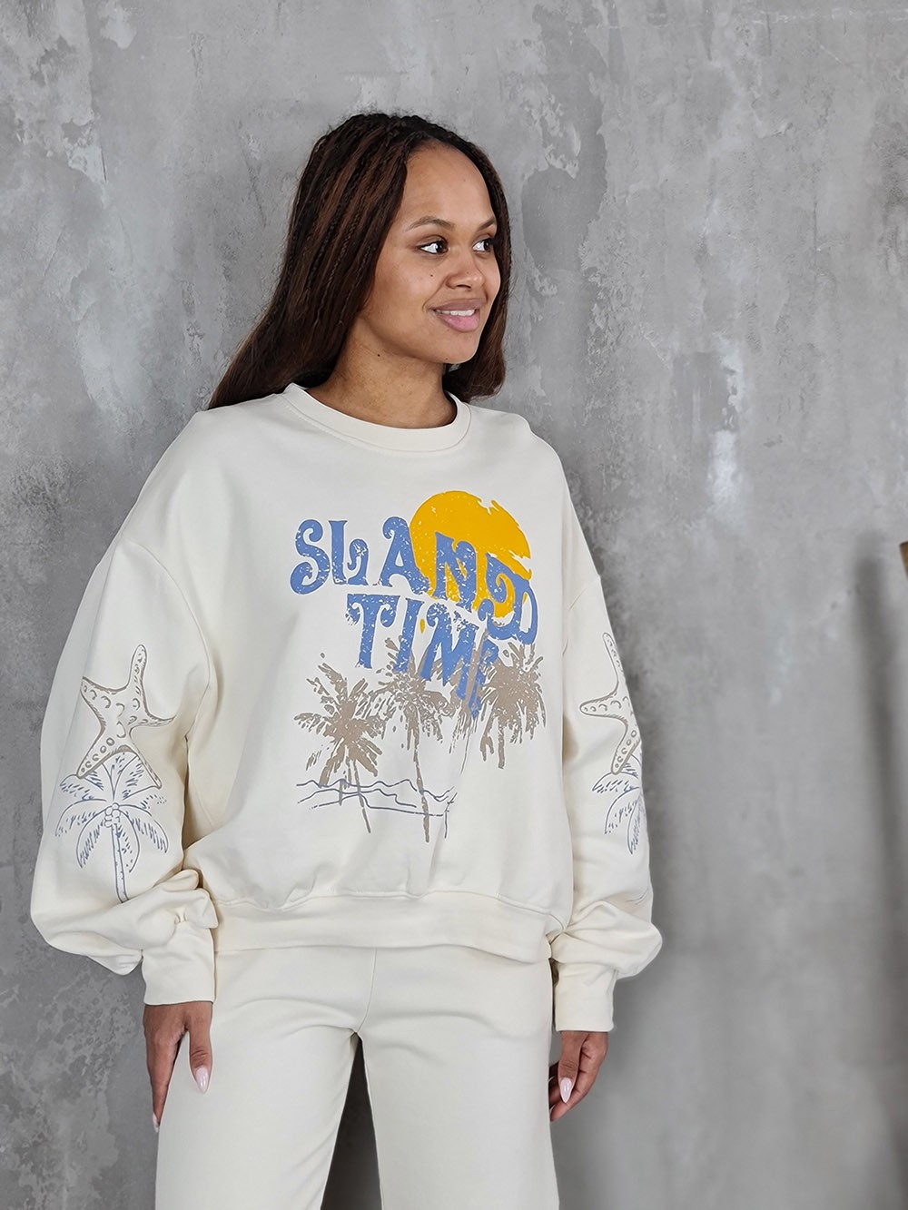 Костюм MIHO'S джепер + брюки солнце с пальмой молочный, фотография №2