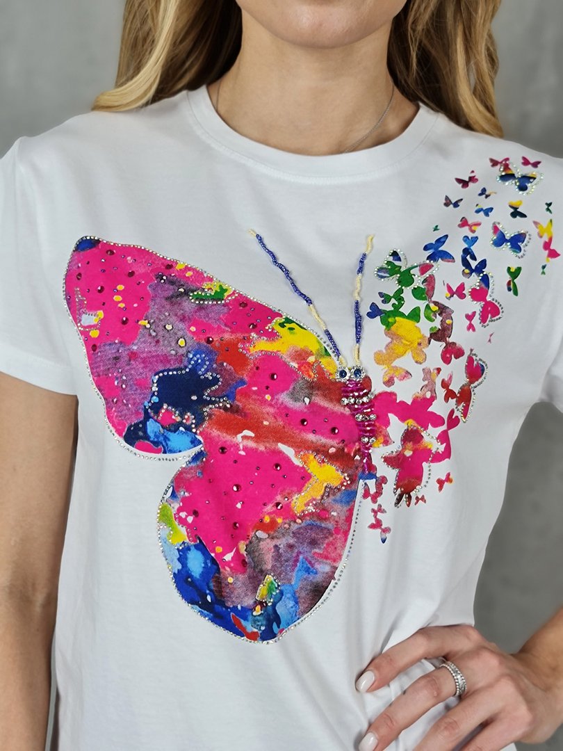 Футболка Miss Kiss с принтом розовой бабочки белая, фотография №3