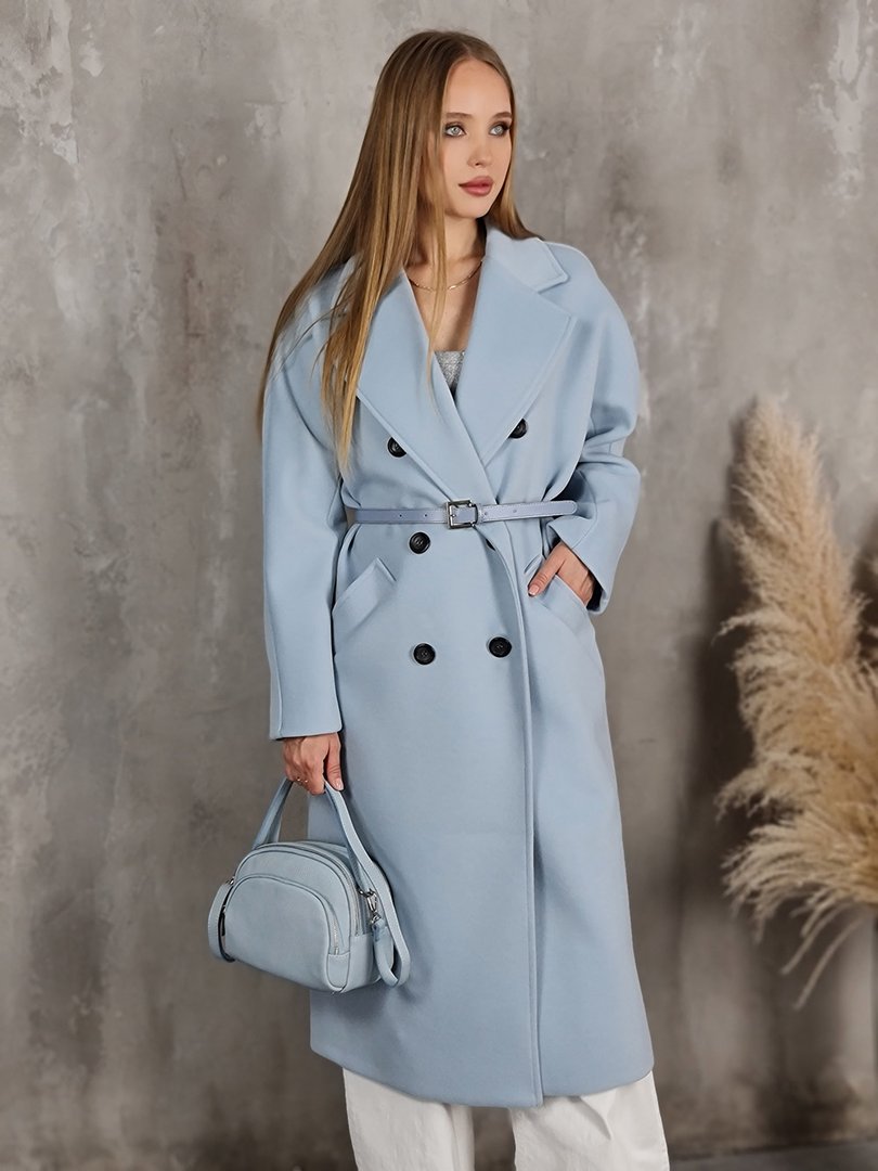 Пальто Imperial с поясом голубое, фотография №4