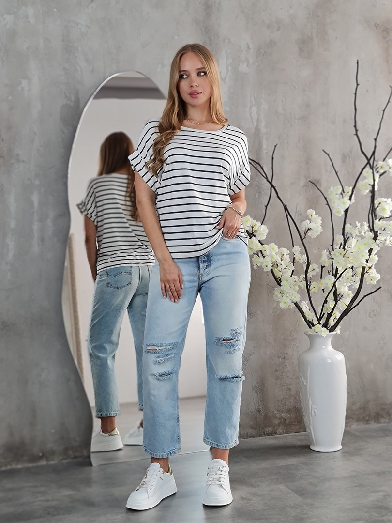 Футболка Please в синюю полоску с подвернутыми рукавами белая, фотография №2