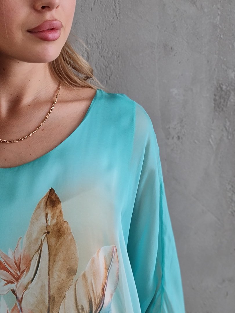 Платье Silk New свободное с принтом цветов бирюзовое, фотография №4