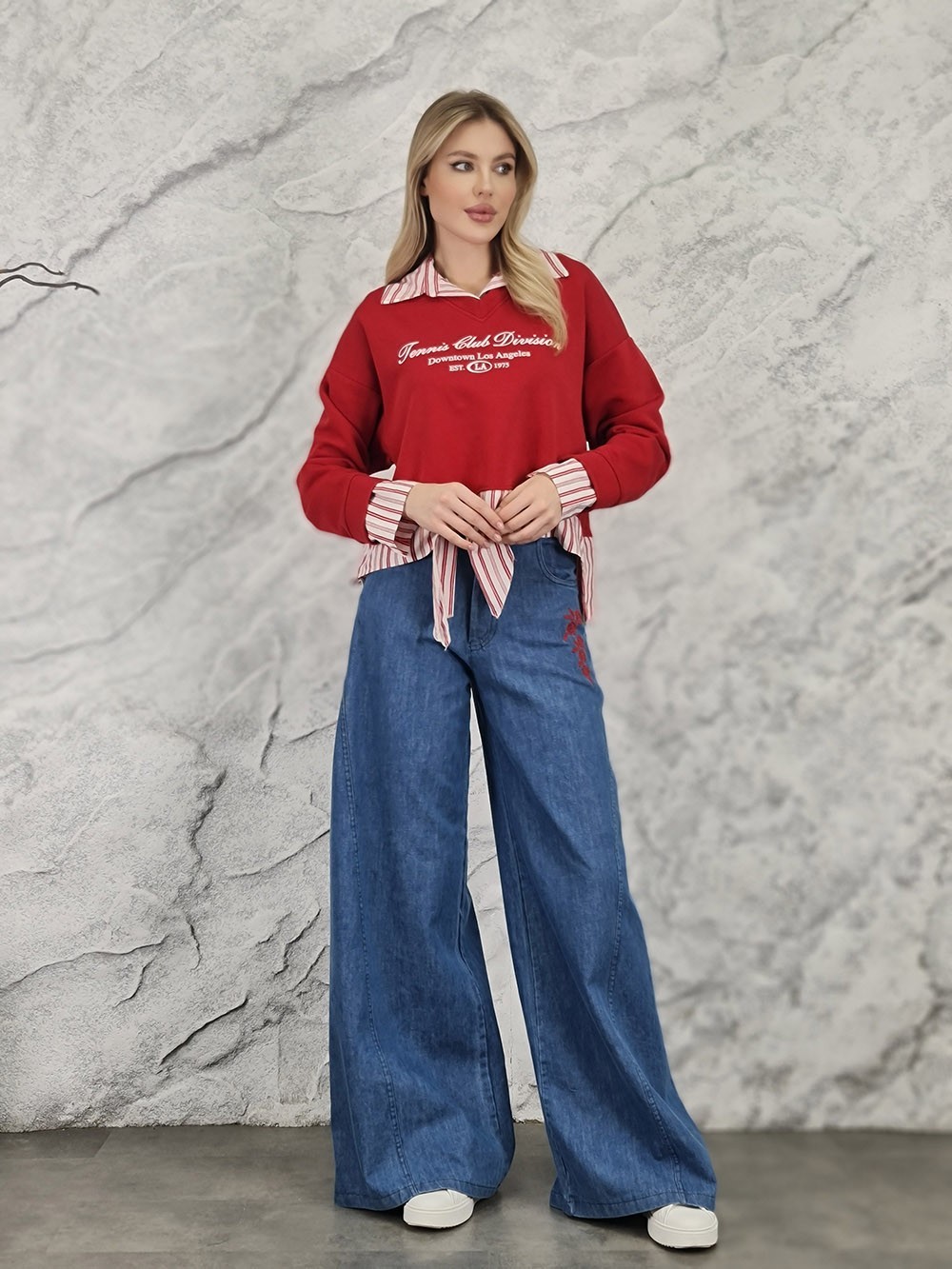 Костюм MIHO'S джемпер с имитацией рубашки и брюки джинсовые, фотография №1