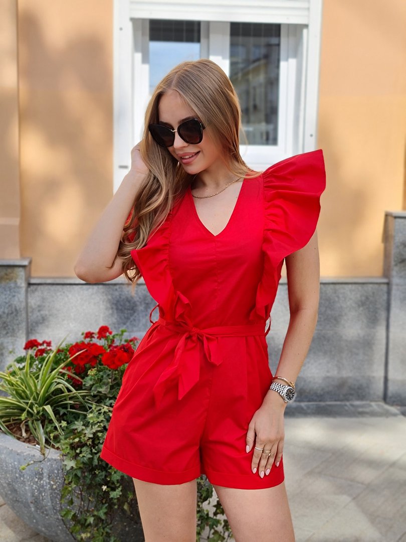 Комбинезон Please с воланами на рукавах красный, фотография №2