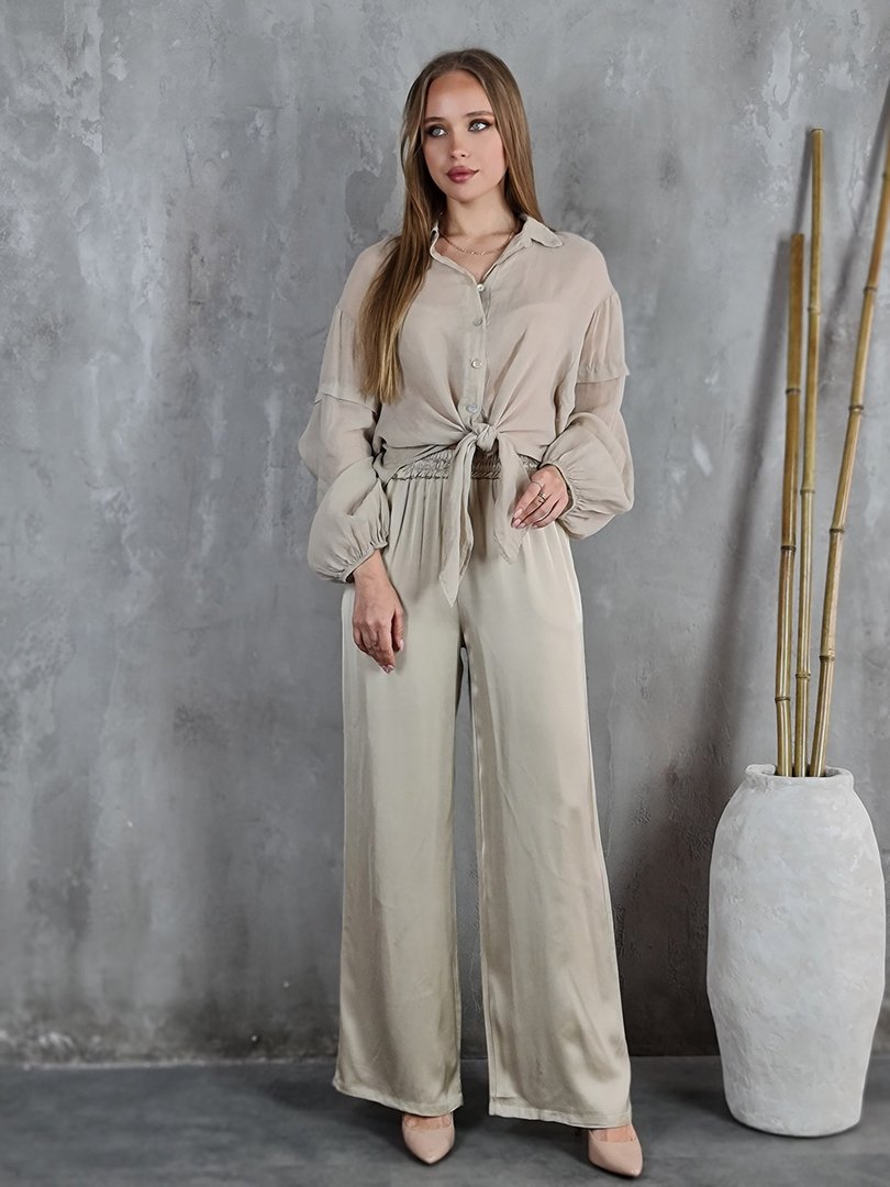 Брюки атласные CLOTHÉ на резинке со шнурками золотистые, фотография №2