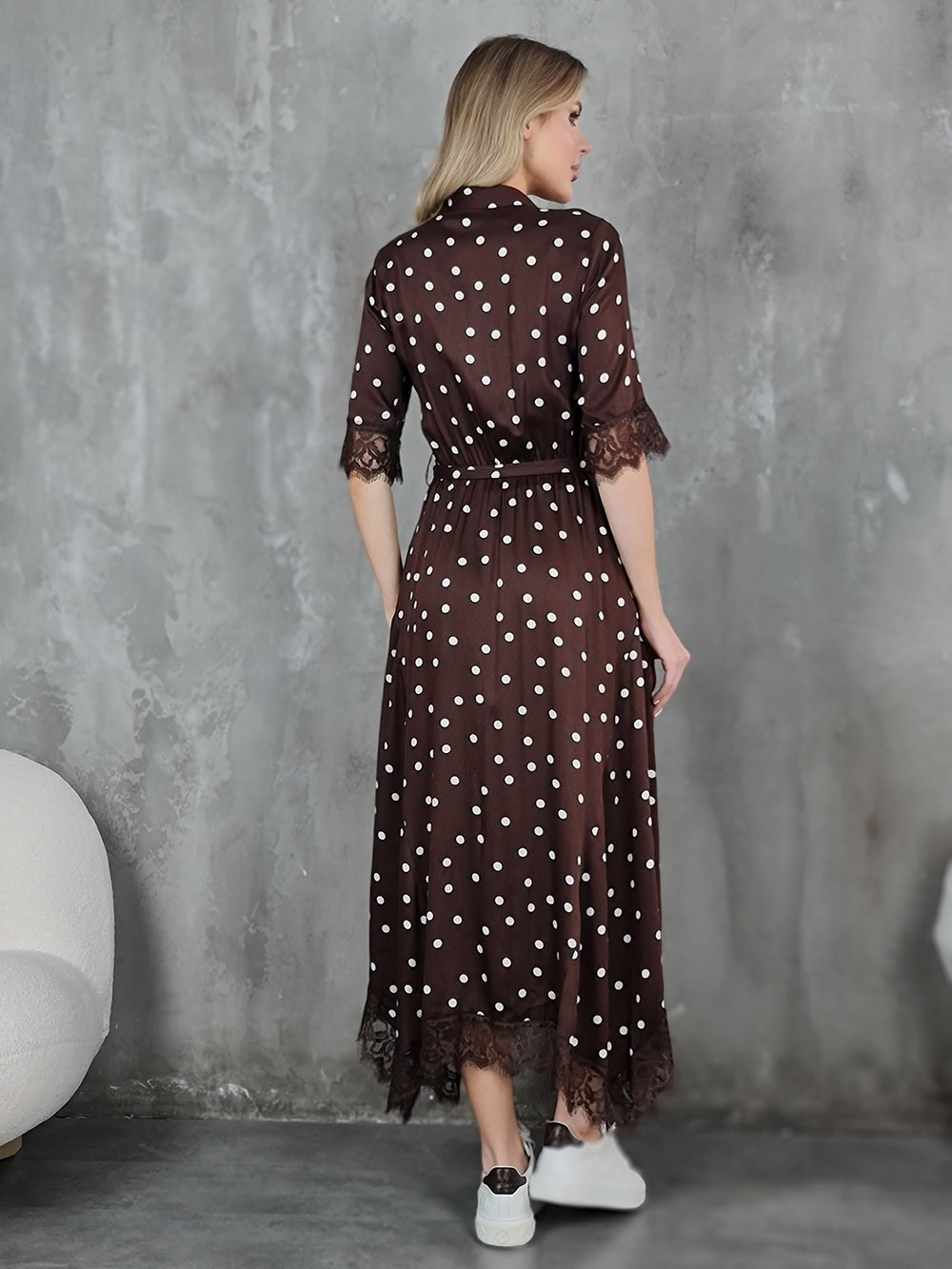 Платье Imperial рукав 3/4 в горох с поясом шоколад , фотография №5