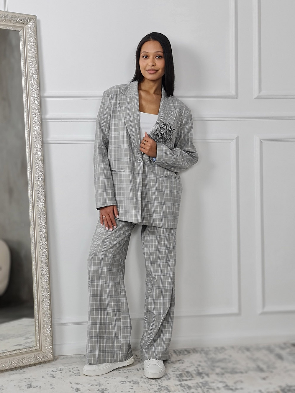 Пиджак Imperial в клетку с брошью серый , фотография №3