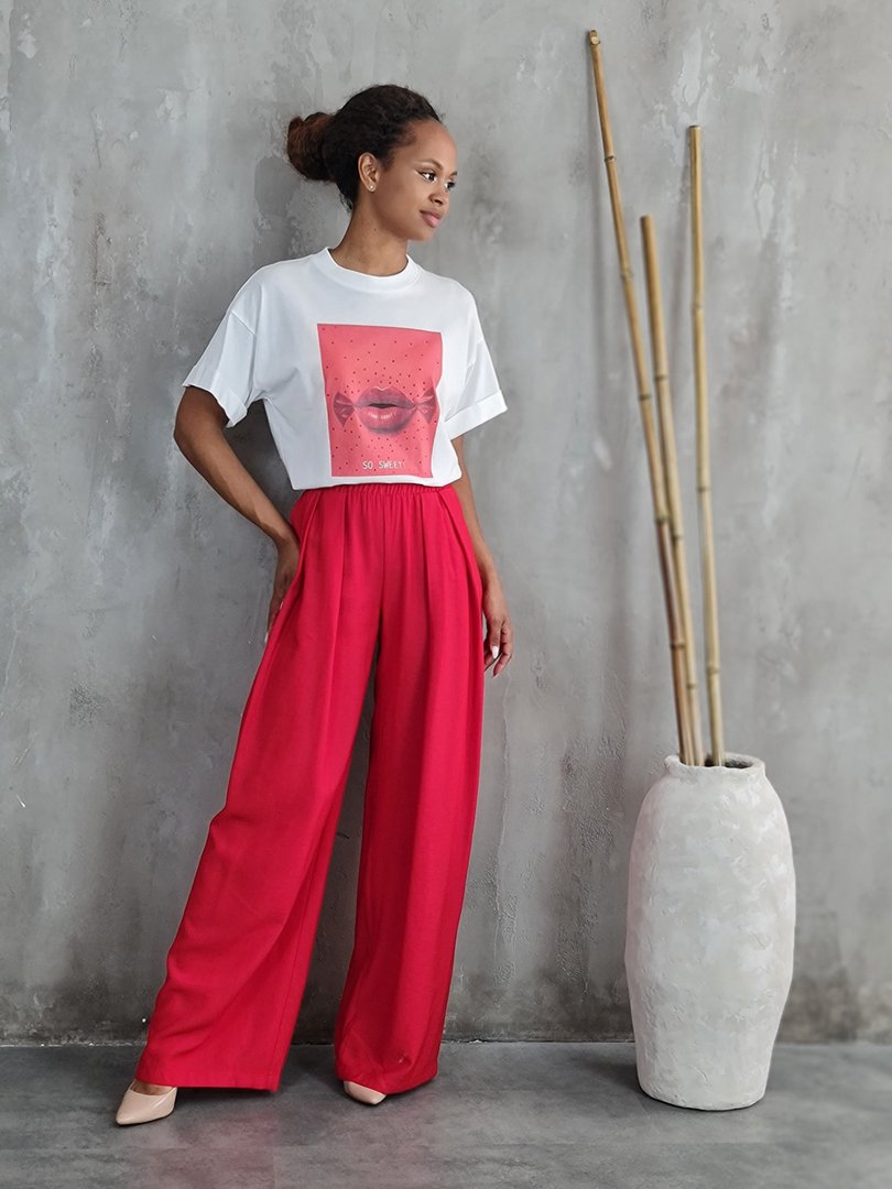 Брюки Imperial широкие на резинке с карманами красные, фотография №2