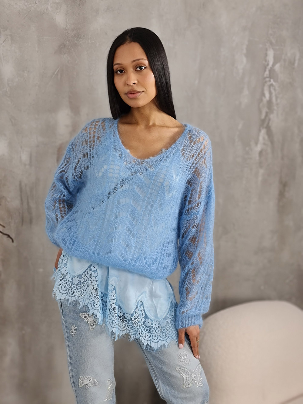 Джемпер Silk new v вырез мохер синий, фотография №1