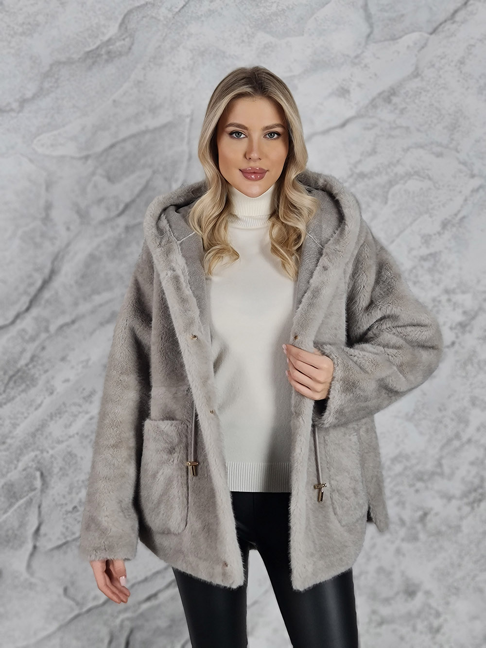 Шуба-дубленка Alex Max двухсторонняя на кулиске серая, фотография №1