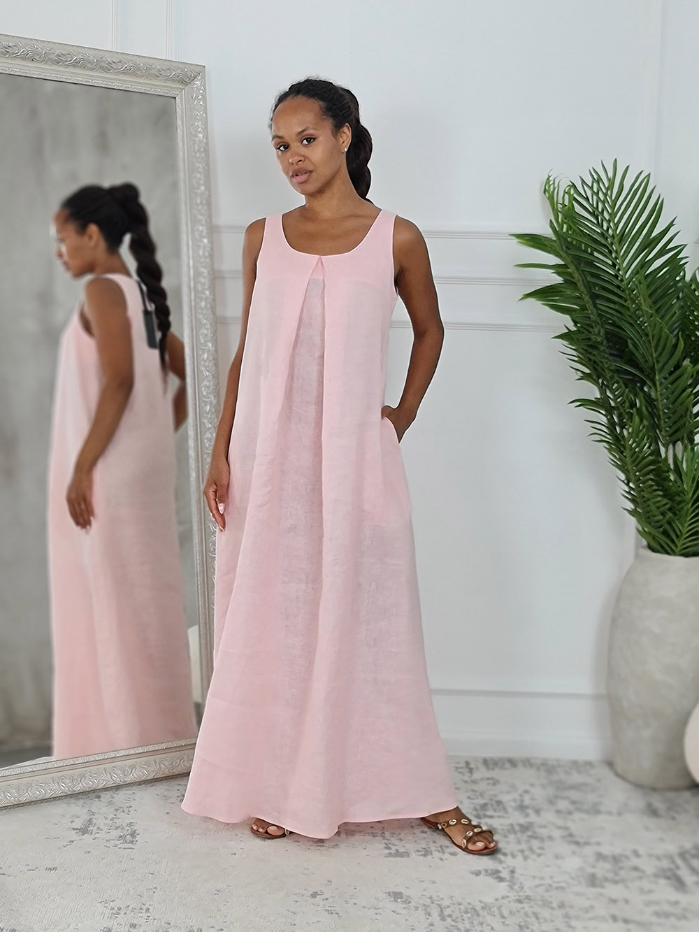 Платье CLOTHÉ льнянное на лямках со швуом на груди розовое, фотография №1