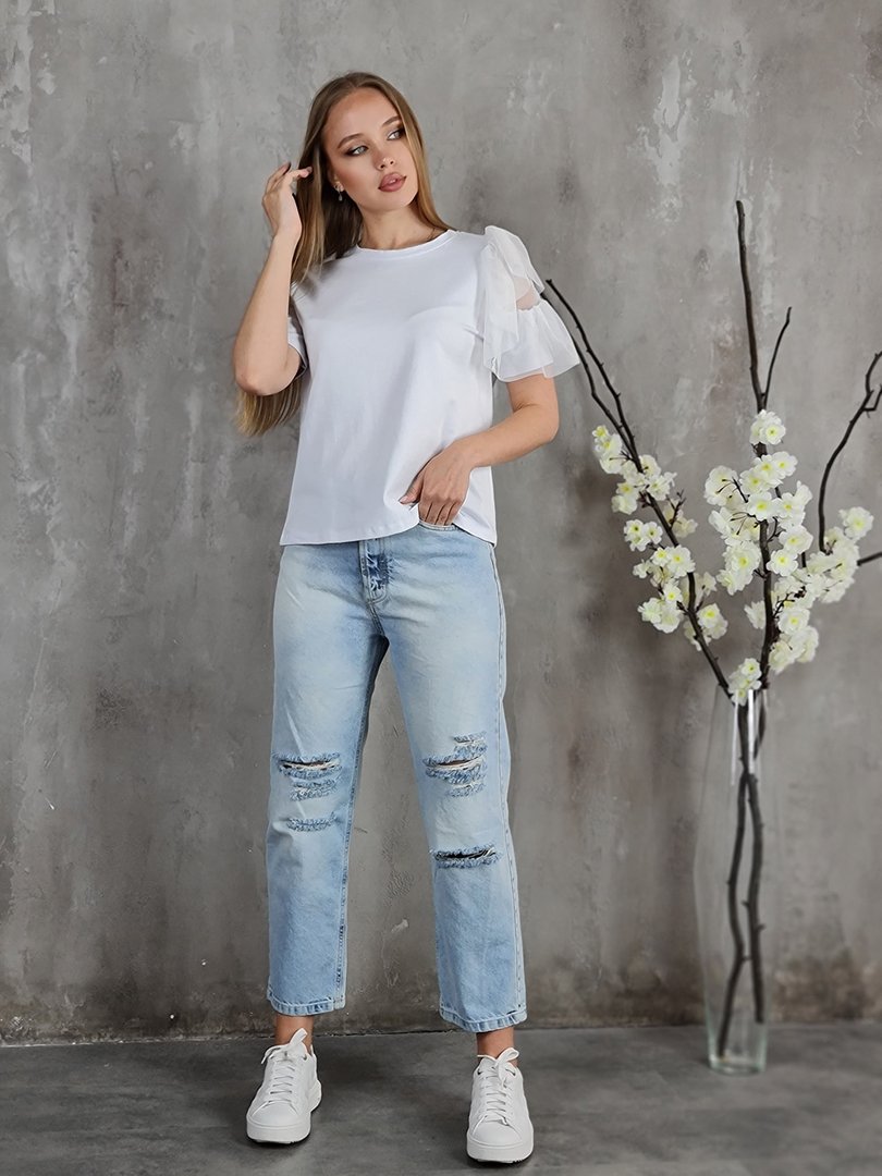 Футболка Please с воланами на одном рукаве белая, фотография №2