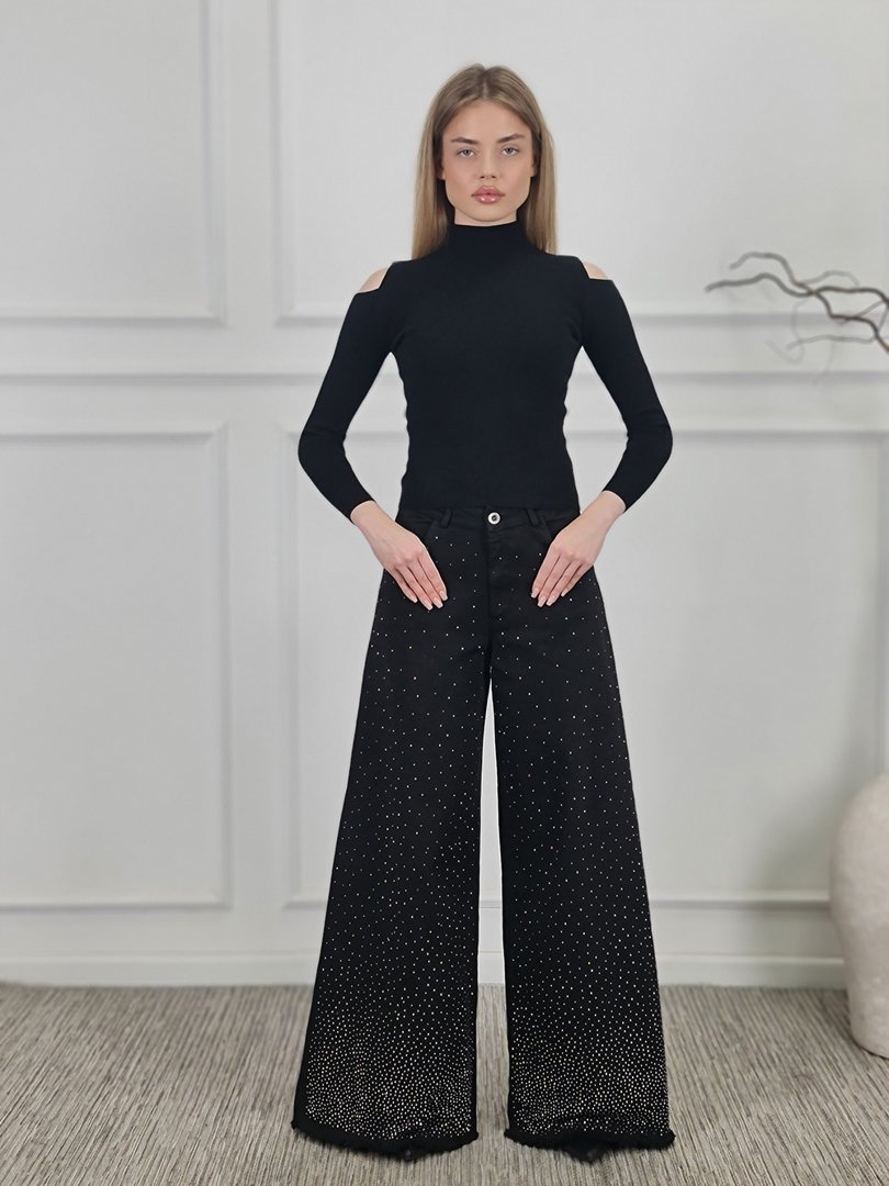 Джинсы MIHO'S прямые обрезанные со стразами черные, фотография №5