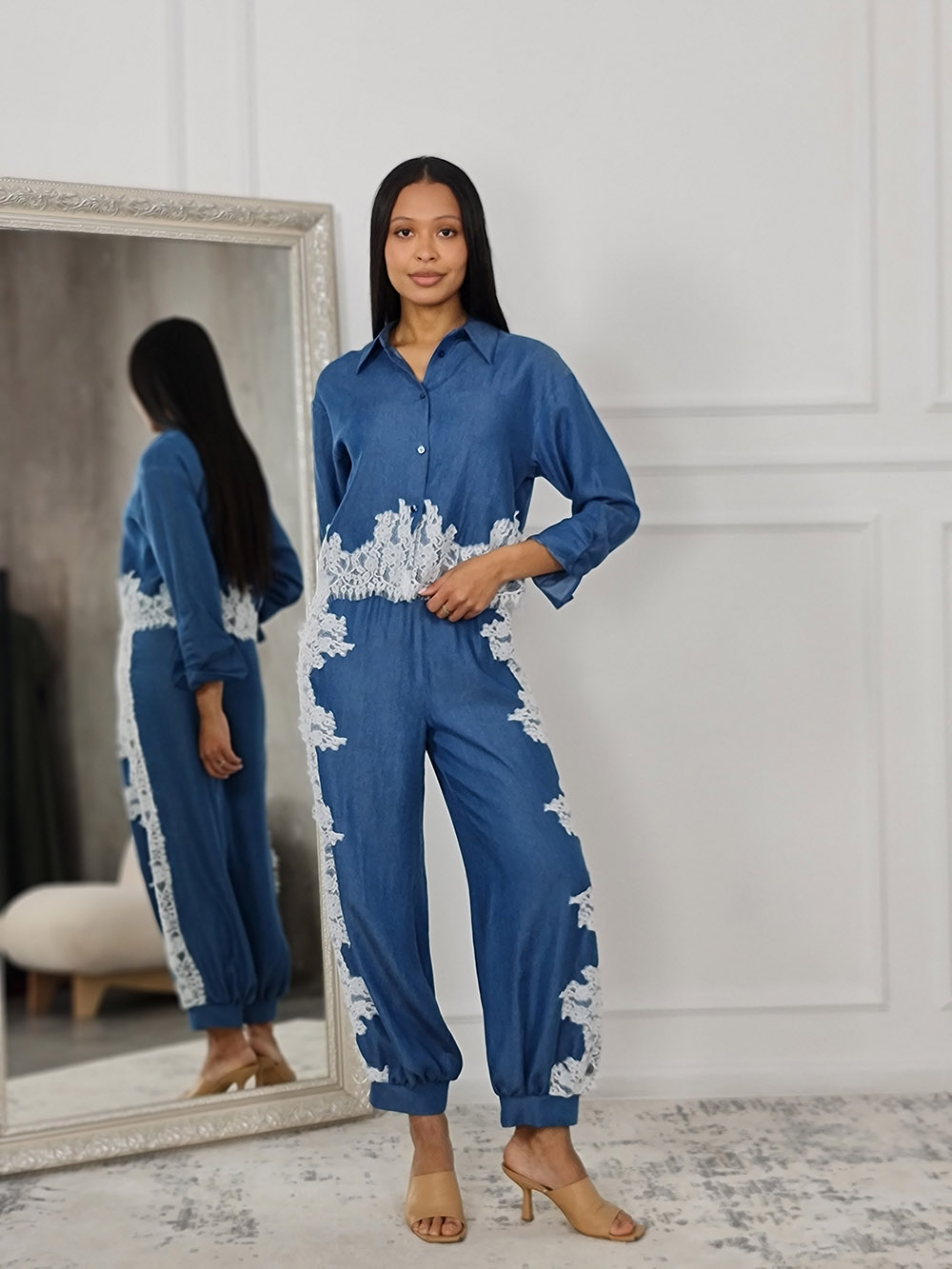 Костюм Imperial рубашка и брюки с кружевом синий, фотография №1