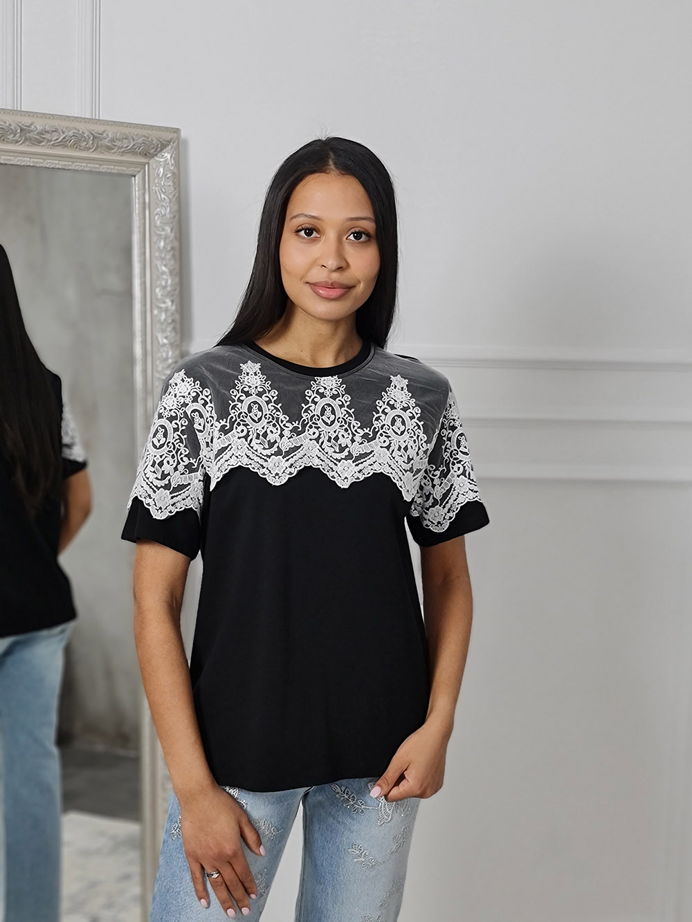 Футболка MIHO'S с кружевом черная, фотография №1