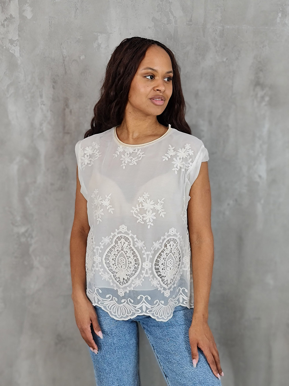 Футболка MIHO'S сетчатая с вышивкой кремовая, фотография №1