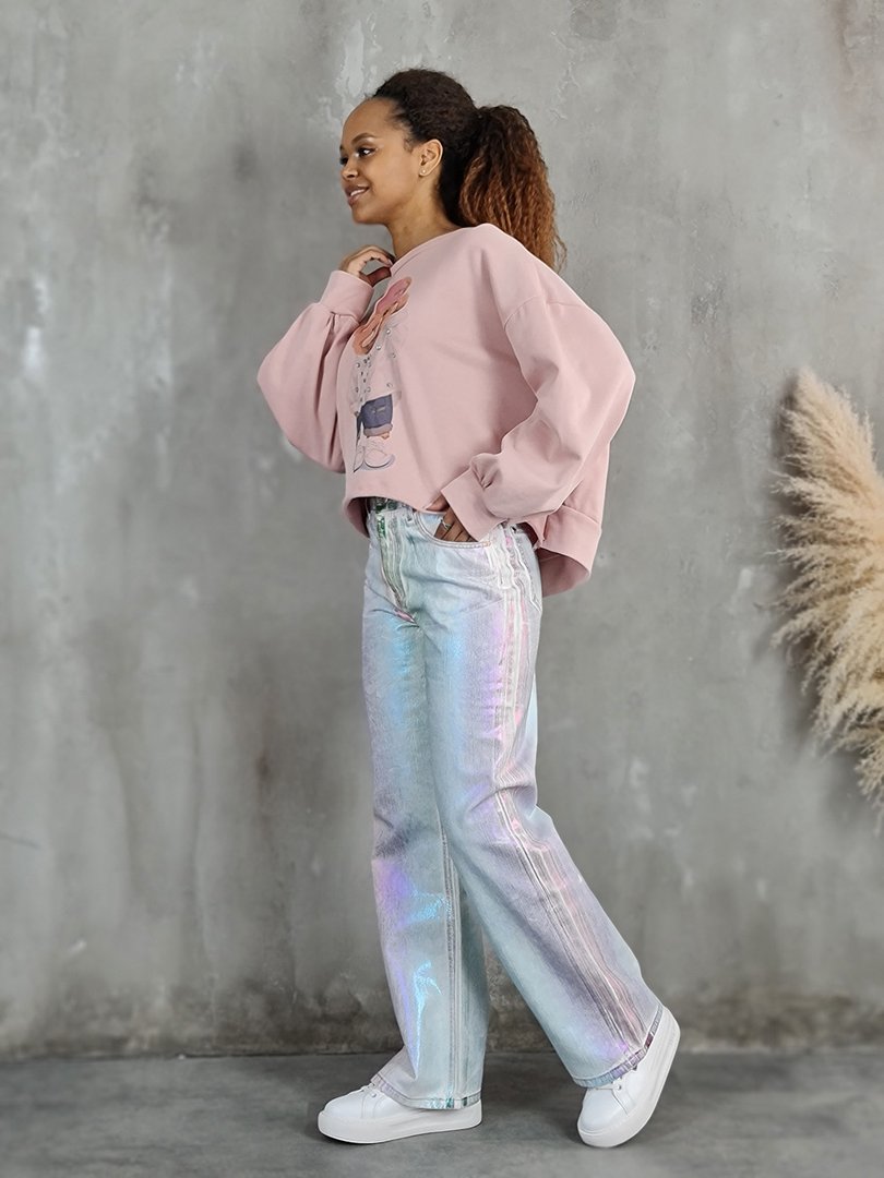 Джинсы Miss Bonbon с радужным напылением прямые белые, фотография №4