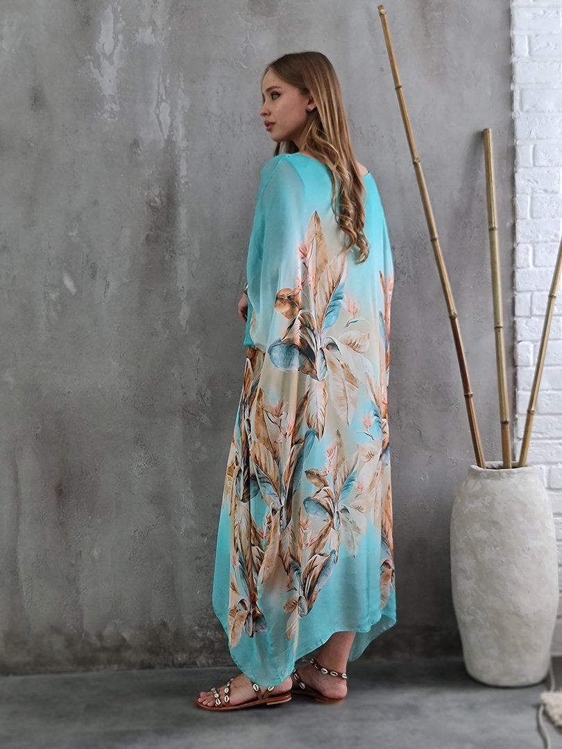Платье Silk New свободное с принтом цветов бирюзовое, фотография №2