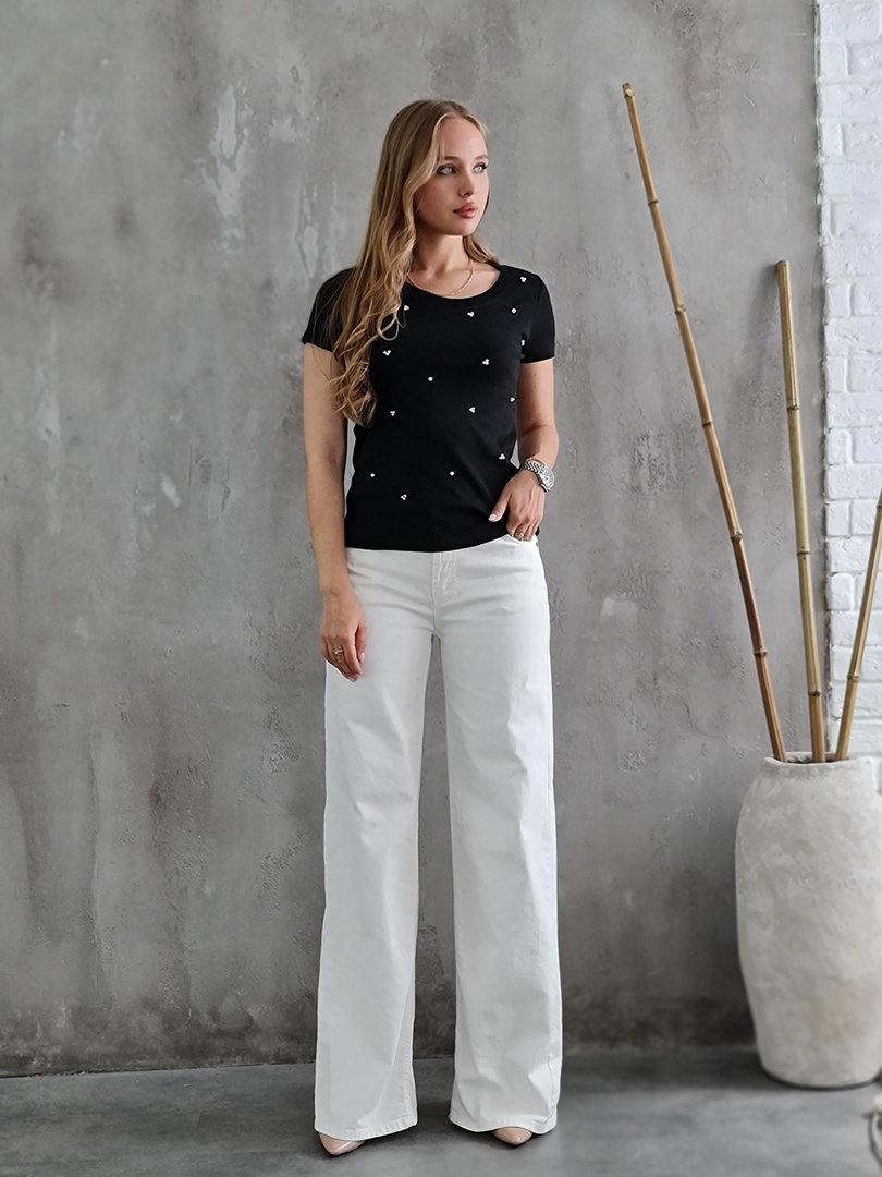 Футболка Vicolo с жемчужинками в рубчик черная, фотография №2