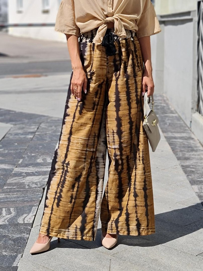 Брюки Souvenir с принтом "Тай-дай" и завязками-кисточками песочные, фотография №1