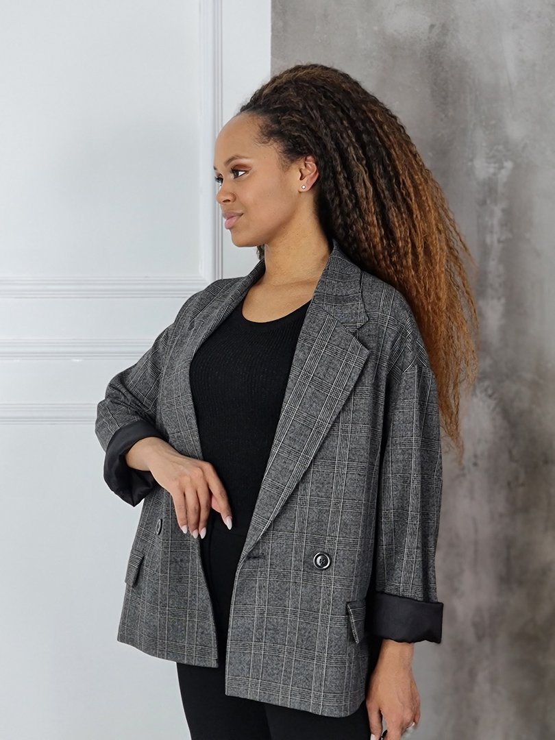 Пиджак Imperial оверсайз с карманами в большую клетку серый, фотография №3