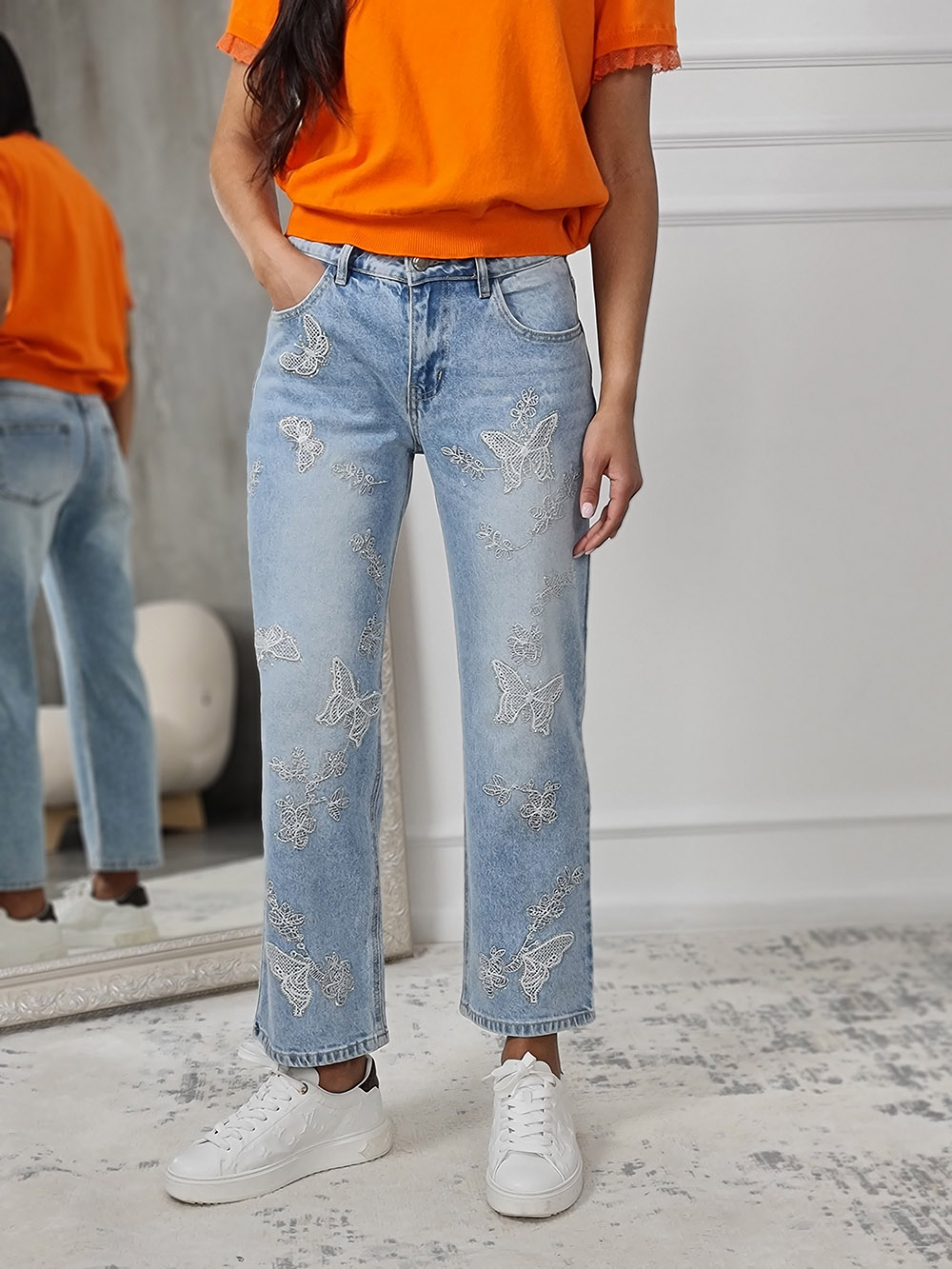 Джинсы Melly голубые со стразами бабочки, фотография №1