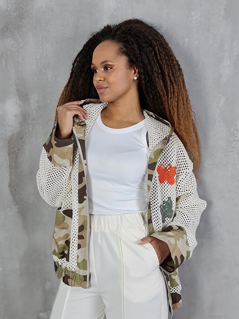 Куртка MIHO'S в сетку с бабочками и капюшоном бежевая, фотография №4