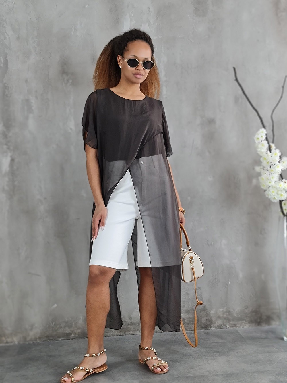 Туника Silk New с удлиненными элементами по бокам шоколад, фотография №1