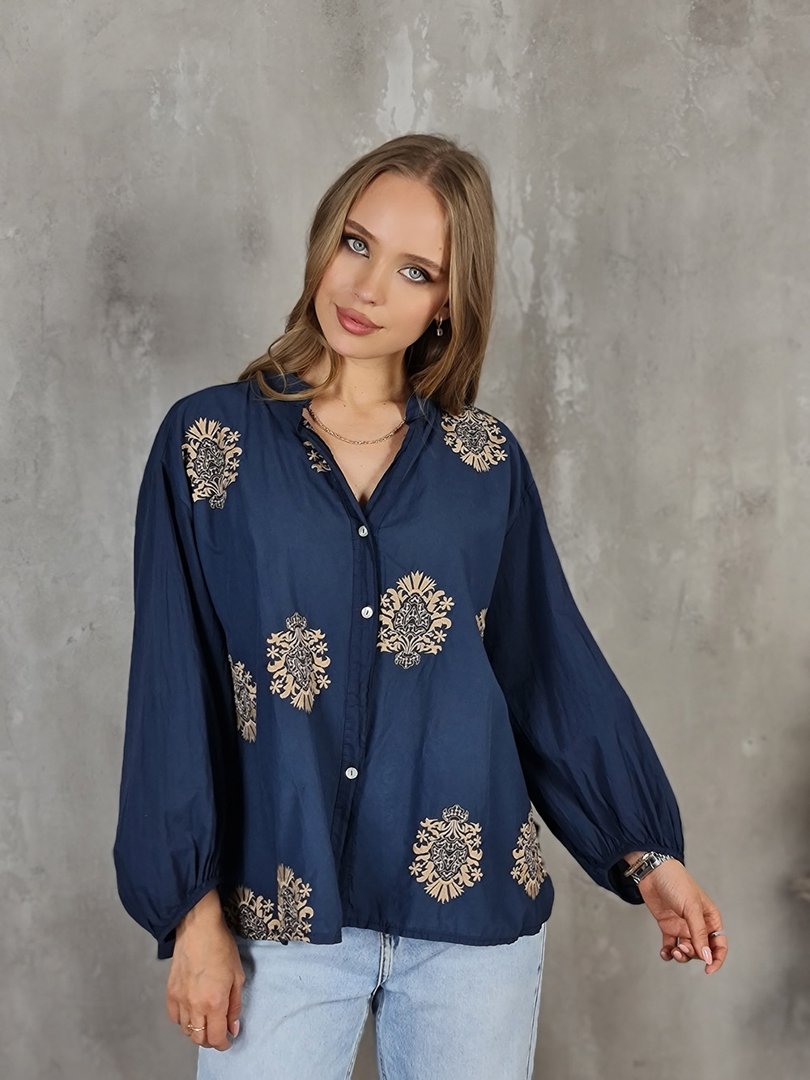 Рубашка J&J Couture с золотым принтом синяя, фотография №3