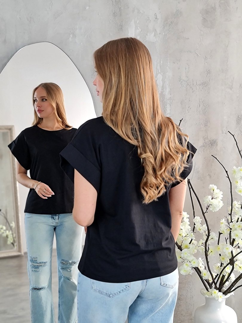 Футболка Please приталенная с подвернутыми рукавами черная, фотография №2