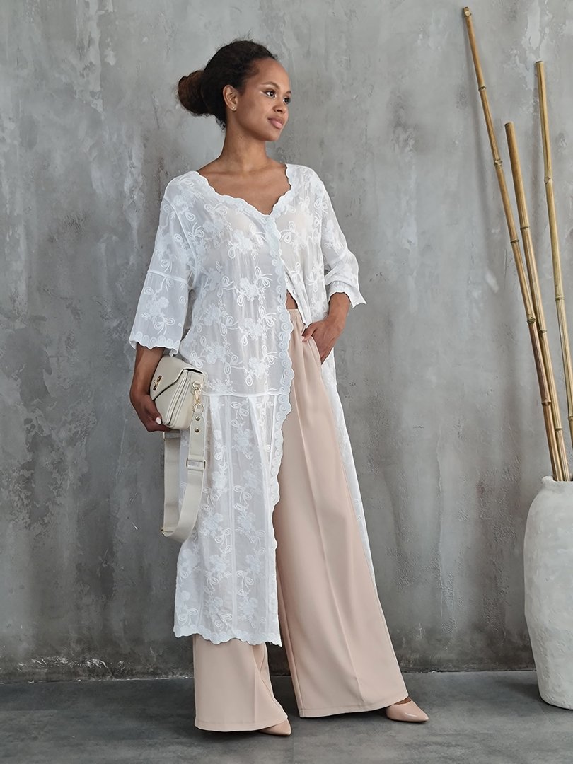 Кардиган li.fe style удлиненный с кружевными вставками белый, фотография №3