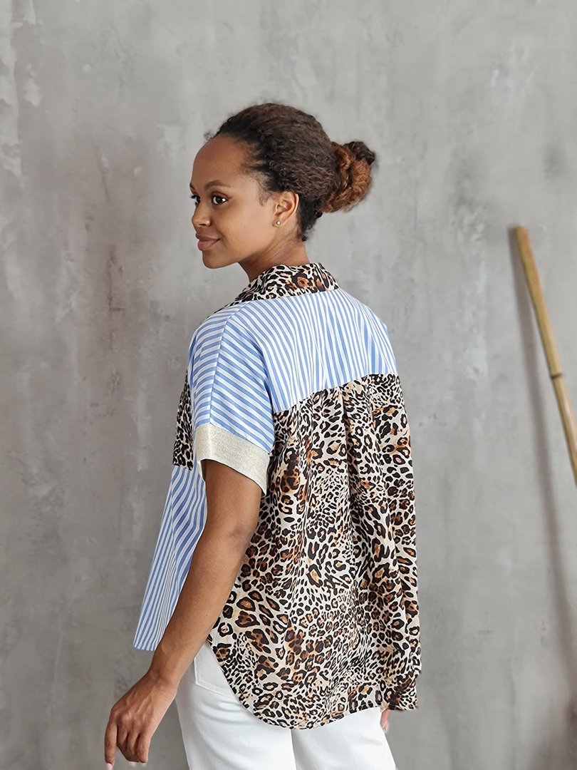 Рубашка STAR в полоску с леопард вставками голубая, фотография №3