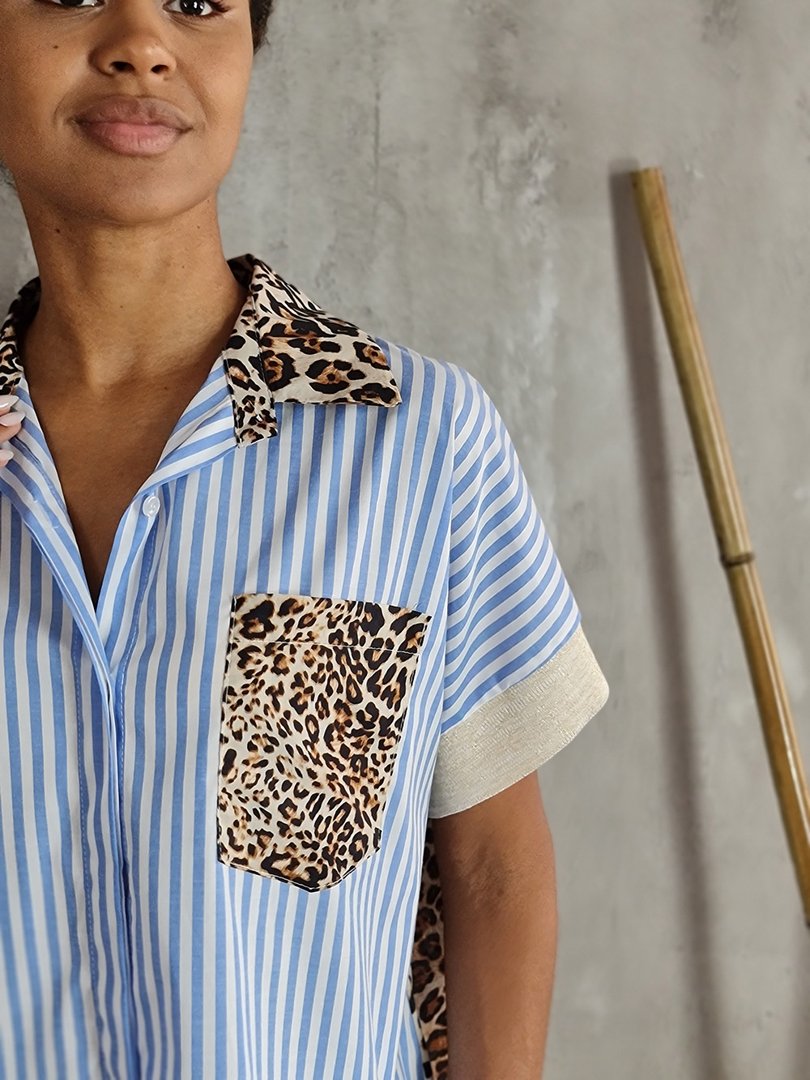 Рубашка STAR в полоску с леопард вставками голубая, фотография №4