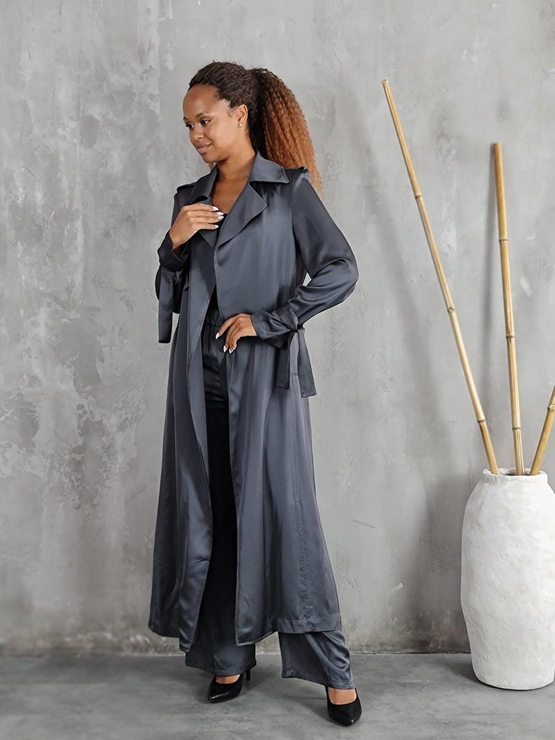 Костюм CLOTHÉ тонкий длинный тренч и брюки графит, фотография №2