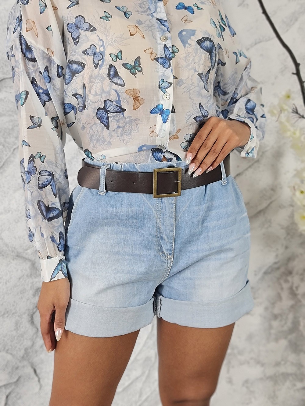 Шорты Please джинсовые с ремнем голубые, фотография №1