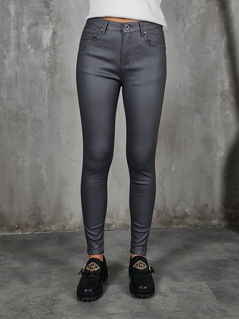 Брюки 3D Denim из экокожи с молниями внизу серые, фотография №1