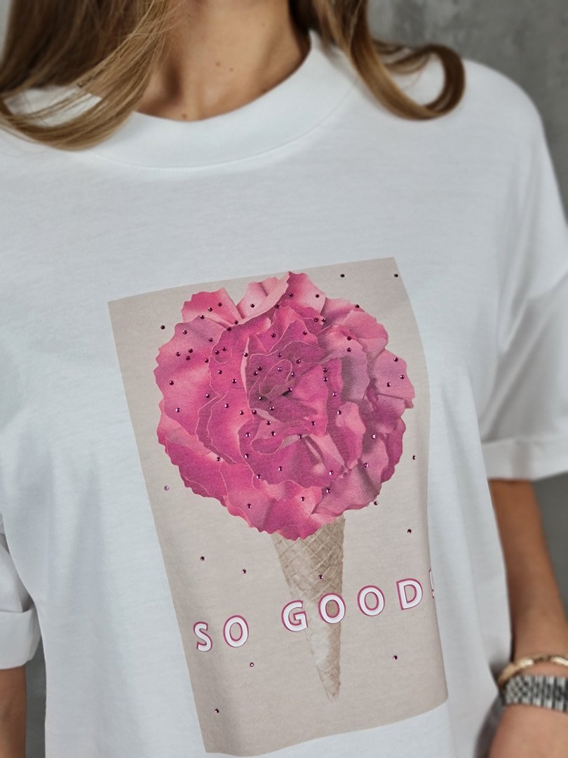 Футболка Imperial с принтом розового цветка и рожка белая, фотография №2